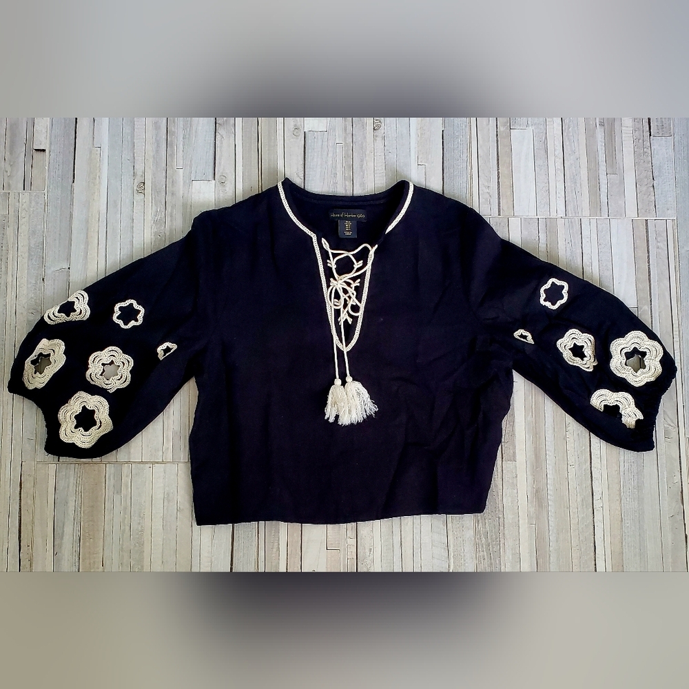House Of Harlow 1960 Linen Blend Crochet Flowers Cropped Lace-Up Top Sz S